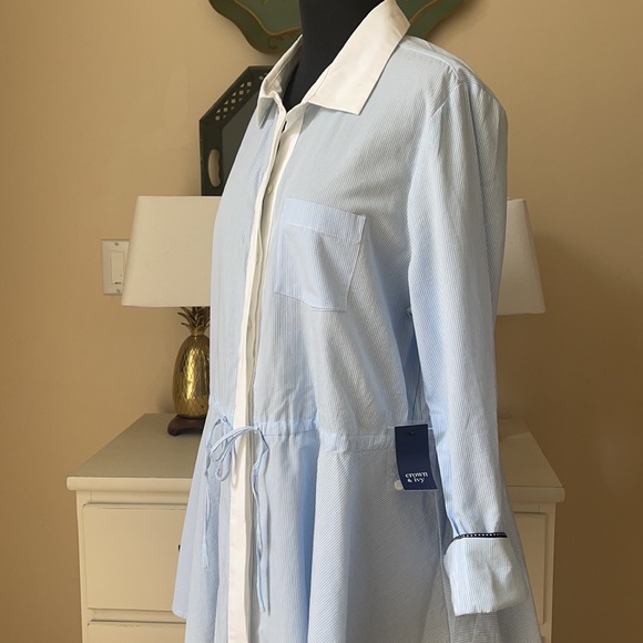 Crown & Ivy Button Up Shirt Sz L Blue White  Pinstripe Drawstring Waist NWT - Picture 9 of 15